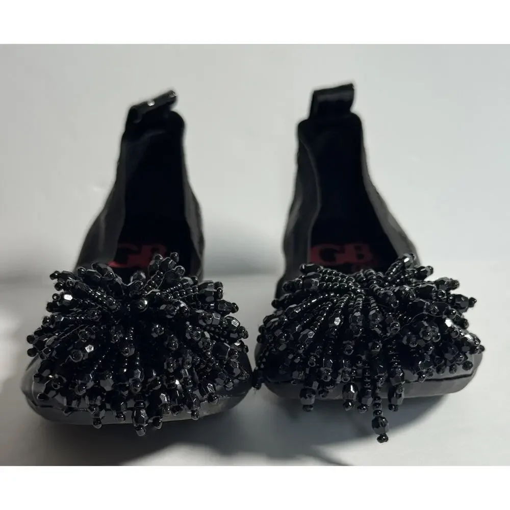 GB Girls Black Ballet Flats Beaded Pom Pom Slip On Dress Shoes Girls Size 7M
